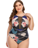 Women Stylish Mesh See Through Sleeveless One Piece Plus Size Swimwear Black L-5XL