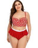Stylish Sexy Women Dot Pointed Ruffles Thong Two Piece Plus Size Swimwear  Blue Red L-5XL