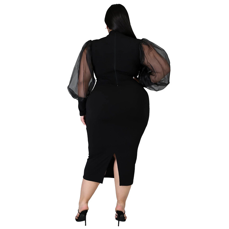 Women Stylish Solid Color Long Mesh Sleeve Bodycon Plus Size Dresses Blue Black L-4XL