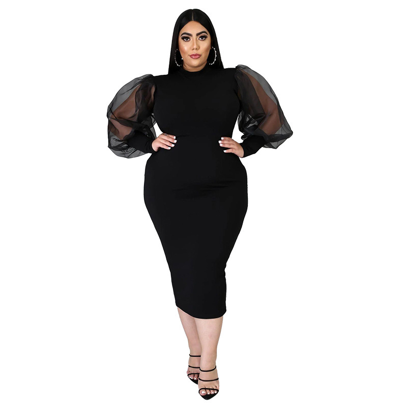 Women Stylish Solid Color Long Mesh Sleeve Bodycon Plus Size Dresses Blue Black L-4XL