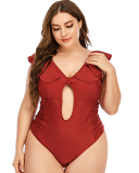 Woman Solid Color Hollow Out Back Ruffles Shoulder V-Neck One Piece Plus Size Swimwear Black Red L-5XL