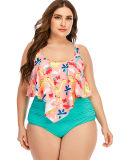 Women Sleeveless Florals Printed High Waist Two Piece Plus Size Swimwear Pink L-5XL