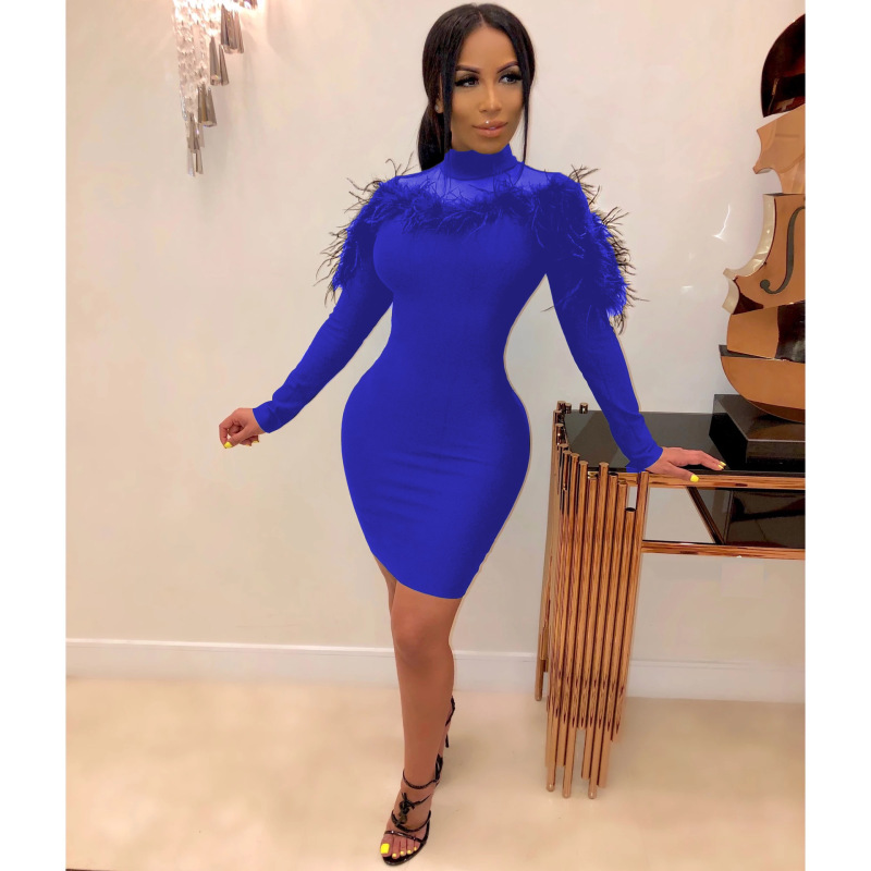 Women Fur Mesh Mock Neck Long Sleeve Sexy Mini Bodycon Dress Blue Black S size