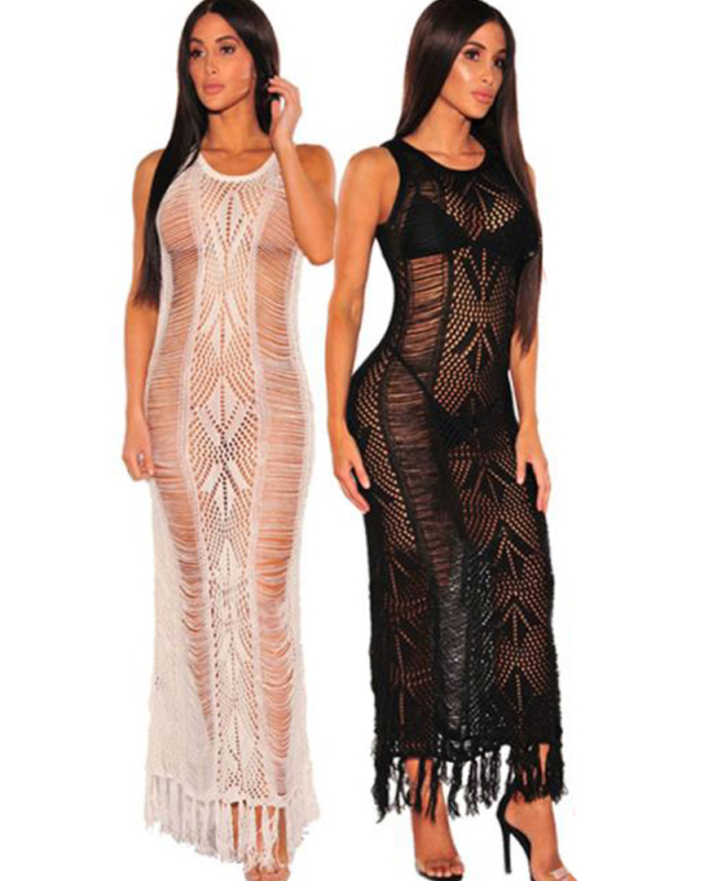2021 Sexy Crochet Beach Cover Up Dress Swim Women White Knitted Beach Tunic Hollow Sexy Tassels Cover Up Bikini Bandage Half-body Skirt