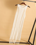 2021 Sexy Crochet Beach Cover Up Dress Swim Women White Knitted Beach Tunic Hollow Sexy Tassels Cover Up Bikini Bandage Half-body Skirt