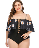 Women Strappy Sunflower Print Off Shoulder One Piece Plus Size Swimsuit Black L-5XL