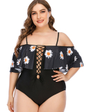 Women Strappy Sunflower Print Off Shoulder One Piece Plus Size Swimsuit Black L-5XL