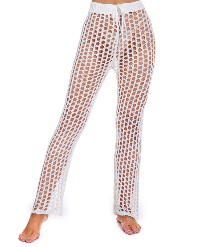 Sexy Long Solid Hollow Out Cover Up Beach Women Pants Breathable Loose Wide Leg Fashion Summer Crochet Knitted Holiday
