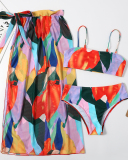 Fashion Printed Women Sexy Colorblock Three-piece Swimsuit Yellow Red Green Light Purple Pink Blue Orange S-XL