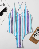Girl's Stylish Multicolor Stripe High Cut One-piece Swimsuit Green Purple Orange S-XL