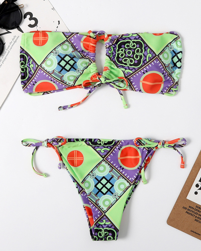 Sexy Women Pattern Print Tie Side String Two-piece Swimsuit Bikini Yellow Red Blue Green Light Yellow S-L
