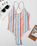 Girl's Stylish Multicolor Stripe High Cut One-piece Swimsuit Green Purple Orange S-XL