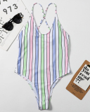 Girl's Stylish Multicolor Stripe High Cut One-piece Swimsuit Green Purple Orange S-XL