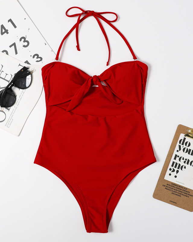 Women Sexy Hollow Out Tie Knot One Piece Swimwear Red Black S-XL