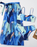 Fashion Printed Women Sexy Colorblock Three-piece Swimsuit Yellow Red Green Light Purple Pink Blue Orange S-XL