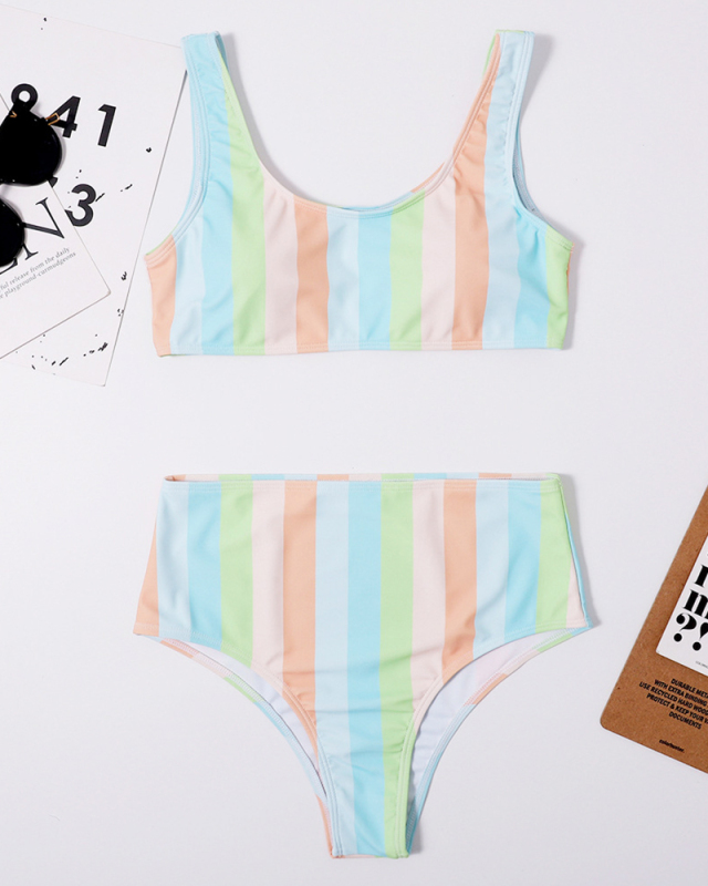 Hot Sale Sexy Stripe High Waist Two-piece Swimsuit Yellow Green Navy Blue Orange S-XL