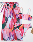 Fashion Printed Women Sexy Colorblock Three-piece Swimsuit Yellow Red Green Light Purple Pink Blue Orange S-XL