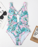 Lady Sexy Printing Cross Strappy Hollow Out One Piece Swimwear S-XL