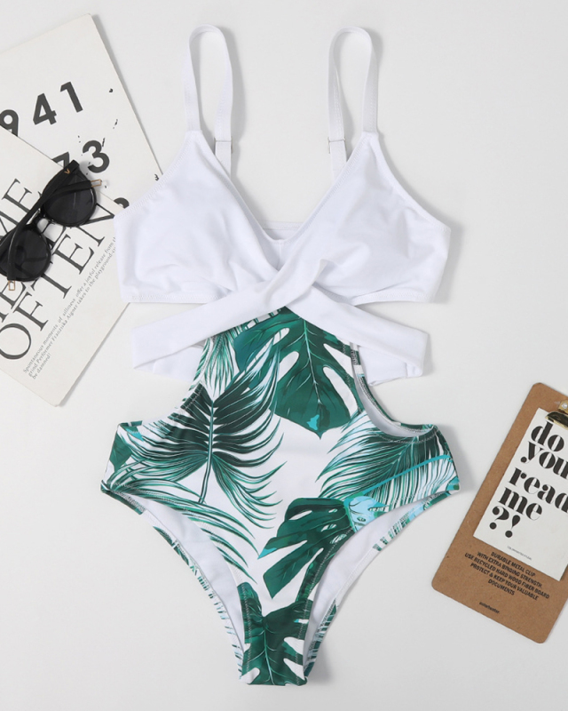 Women Printing Hollow Out Strappy Tie Knot One Piece Swimwear Red White Black S-XL