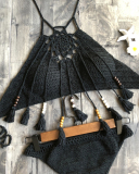 Crochet Bikinis Sexy Halter Tie Knitting New Beach Swimwear Halter Beaded Tassel Crop Top Brazil Bikini Swimsuit Bathing Suit