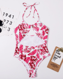 Women Printing Halter Hollow Out One Piece Swimwear Red Green Blue S-XL