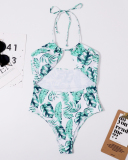 Women Printing Halter Hollow Out One Piece Swimwear Red Green Blue S-XL