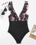 Lady Printing Colorblock  Plunge Deep V One Piece Swimwear Green Black Red S-XL