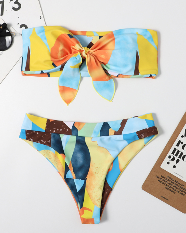 Lady Printing Tie Knot High Waist Two Piece Swimwear Yellow Green Red Blue Orange S-L