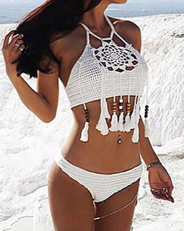 Crochet Bikinis Sexy Halter Tie Knitting New Beach Swimwear Halter Beaded Tassel Crop Top Brazil Bikini Swimsuit Bathing Suit