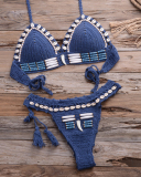 Sexy Handmade Crochet Bikinis Blue Shell Beaded High Quality Swimsuit Women Push Up Swimwear Knitted Beach Wear Bathing Suits