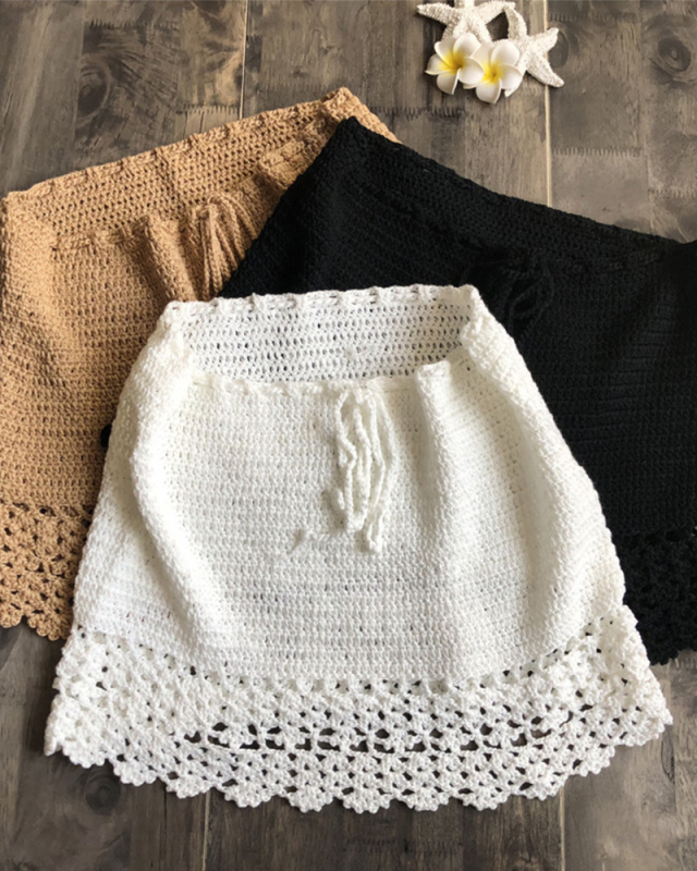 Handmade Cotton Crochet Mini Skirts Women Summer High Waist Bow Tie Skirt Ladies Beach Bikini Bottoms