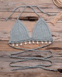 Knitted Bra Top Bikini Set Womens Swimsuit Handemade Crochet Bikini Cover Up Tassel Beach Long Wrap Skirt Sarong