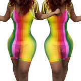 Stylish Rainbow Colorblock Strappy Shoulder Women Summer Rompers S-XL