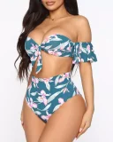 Lady Printing Tie Knot High Waist Two Piece Swimwear Blue