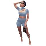 Women Solid Color Hollow Out Crop Tops Two Piece Set S-2XL