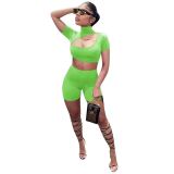 Women Solid Color Hollow Out Crop Tops Two Piece Set S-2XL