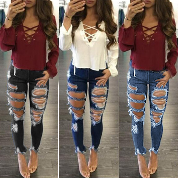 Women Fashion Hole Trousers Jeans Pants Black Blue S-3XL