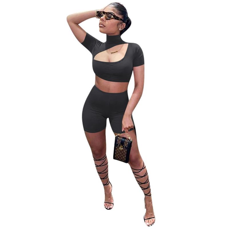 Women Solid Color Hollow Out Crop Tops Two Piece Set S-2XL