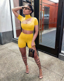 Women Solid Color Hollow Out Crop Tops Two Piece Set S-2XL