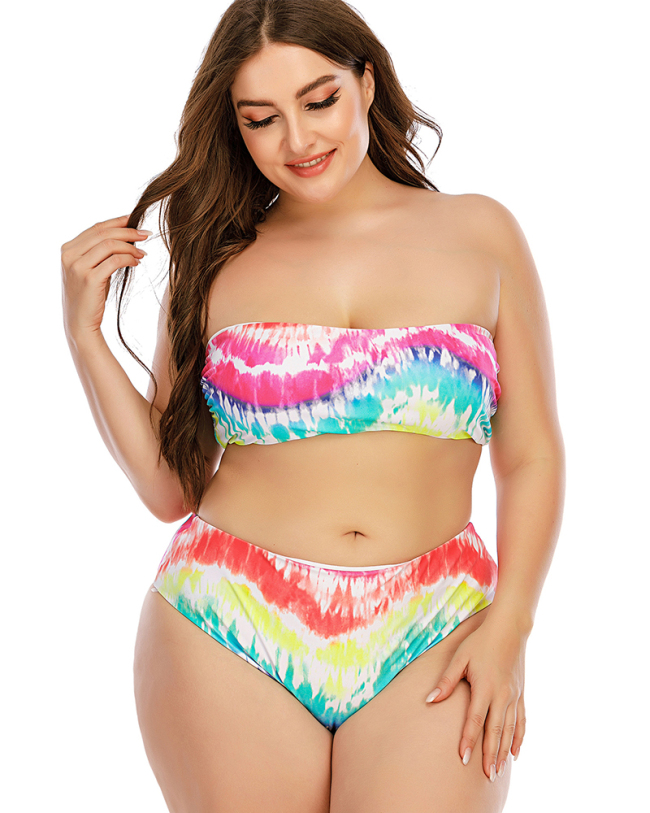 Women Tie Dye Pattern Printed Two Piece Plus Size Swimwear L-5XL