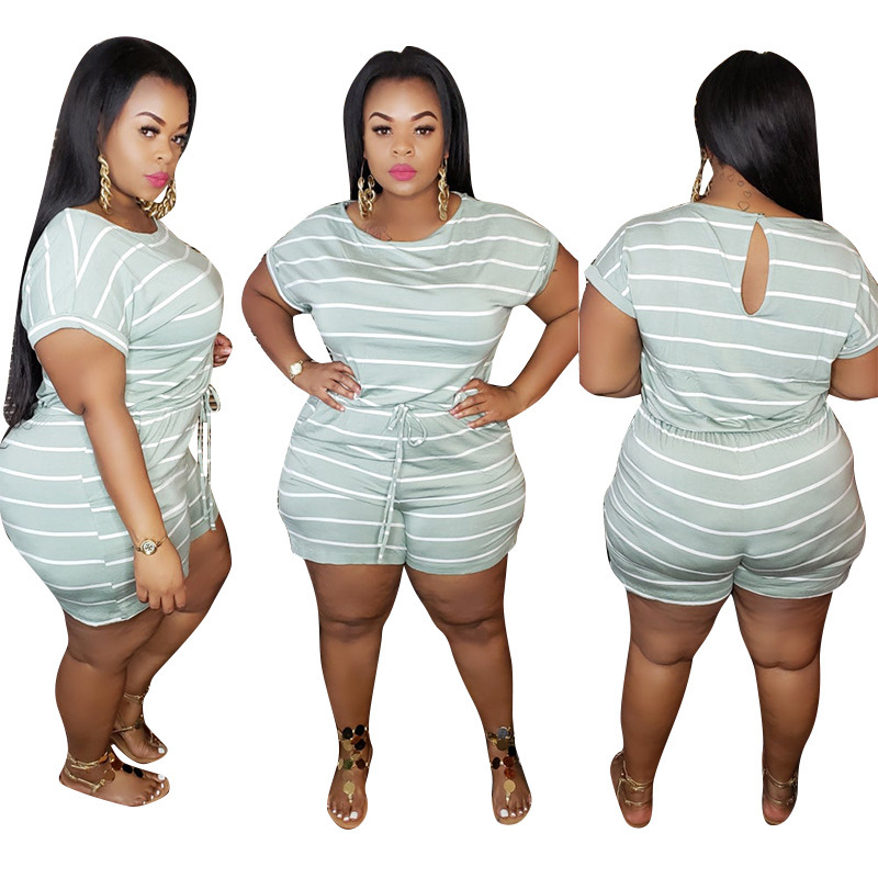 Hot Sale Women Short Sleeve O-Neck Striped Plus Size Romper Orange Yellow Navy Gray Green Purple XL-5XL