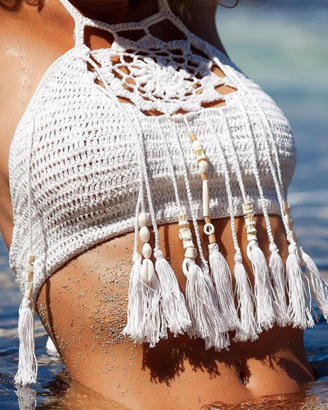 Sexy Women Push Up Tassel Bikini Top Boho Beach Swimwear Crochet Fringe Bikini Bra Halter Camisoles Tank Swimsuit Hot Sale