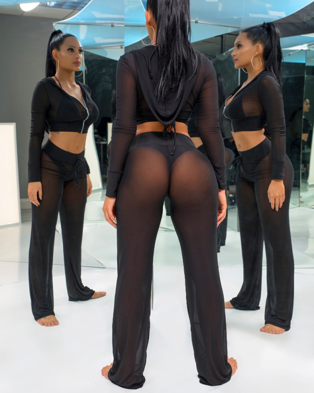 2018 Black new mesh transparent two piece set dress