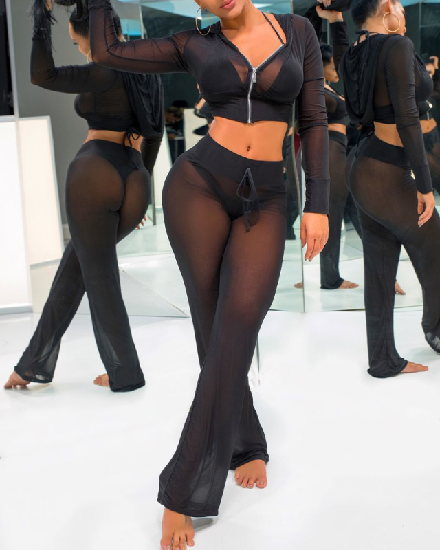 2018 Black new mesh transparent two piece set dress