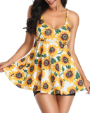 Women Summer Sunflower Printed Two-piece Swimsuit White Black S-3XL