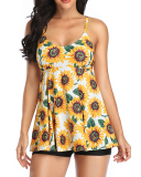 Women Summer Sunflower Printed Two-piece Swimsuit White Black S-3XL
