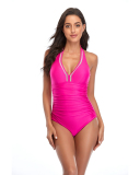 Women Solid Color V-Neck One-piece Swimsuit Pink Red Wine Red Black Yellow S-2XL