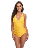 Women Solid Color V-Neck One-piece Swimsuit Pink Red Wine Red Black Yellow S-2XL