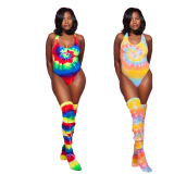 Lady Sexy Printing One Piece Swimwear Including Sock (No Cup)