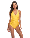 Women Solid Color V-Neck One-piece Swimsuit Pink Red Wine Red Black Yellow S-2XL